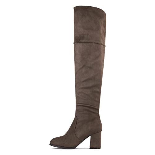 DREAM PAIRS Women's Thigh High Block Heel Over The Knee Boots,Size 10,Khaki,Stretch_HIGH