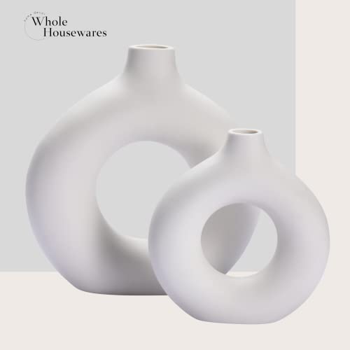 Whole Housewares Ceramic Vase - White Nordic Boho Donut Shape Decorative Vases - Circle Vase With Hole For Modern Home - Round Minimalist Matte Pampas Flower Vase Decor For Party #TOP2