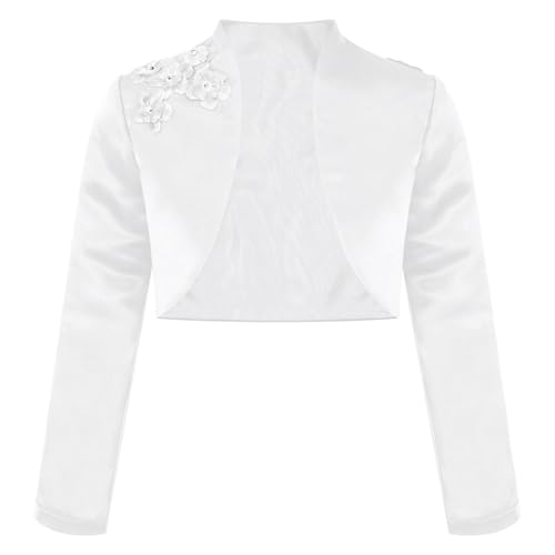 Rswnyirn Kinder Bolero Mädchen Festlich Jäckchen Satin Bolerojacke mit Blume Strickjacke Langarm zum Kommunionkleid Taufkleid Weiß gr.98-176 Weiß 146-152