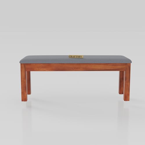 Image of 57 Inch Length Solid Sheesham Wood 6 Seater Dining Table Set | Six Seater Dinner Table with 4 Grey Cushions High Chairs & 1 Bench | Dinning Table Set 6 Seater for Living Room | Honey Finish