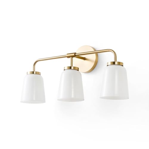 Image of 3 Light Bathroom Vanity Light in Brushed Gold Finish - 24 inch Modern Gold Vanity Light with Milk Glass Shade - Gold Bathroom Light fixtures Over Mirror (Bulb Included)