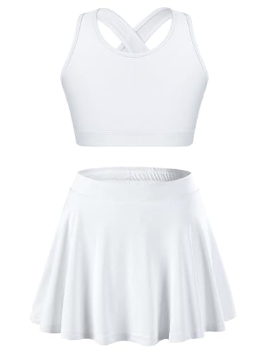 Kids Girls Plain Crop Top & Skater Skirt Set Tennis Golf Outfit 2 Piece Sport Training Tacksuit Set Activewear White 8 Years