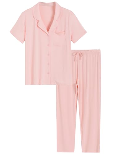 Latuza Women's Petite Pajamas Set Short Sleeve Petite Size Pants L Light Pink