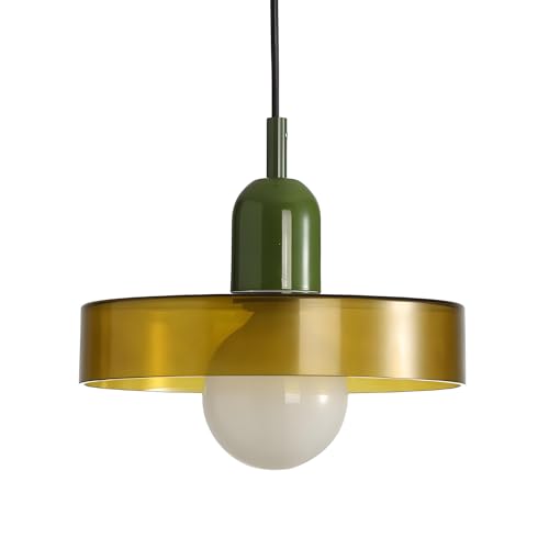 【Design Elegante Lampadari in Vetro】 – Caratterizzato da un cappello metallico verde e un paralume rotondo in vetro colorato (⌀25cm * H 4cm), unisce fascino retrò ed estetica moderna.