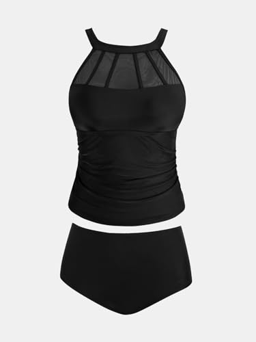 CUPSHE Women’s Plus Size Tankini Sets High Neck Mesh Cutouts Two Piece Swimsuits Adjustable Straps Mid Rise 7
