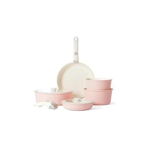 Pink Ceramic Nonstick Aluminum Cookware Set, 15-Piece with Detachable Handles, Silicone and Glass Lids, Space Saving Stackable Pots and Pans