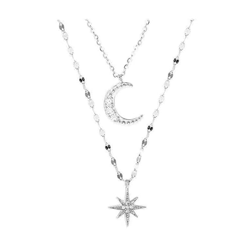 Shienfir Moon Star Charm Necklace Double Layered Women Double-Layer Pendant Adjustable with Extended Length Hollow Chain Lady Clavicle Neck Silver