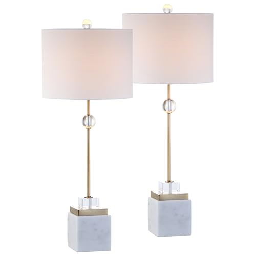JONATHAN Y 30' White Marble and Brass Gold LED Table Lamp Set of 2, Modern Glam Crystal Pedestal...