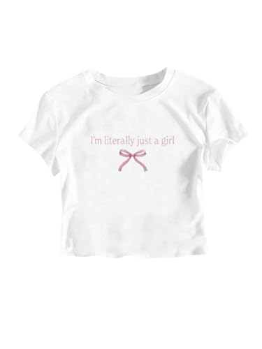 QJQ Girl's Bow Letter Graphic T Shirts Short Sleeve Crewneck Tees Summer Trendy Preppy Cute Tops Clothes