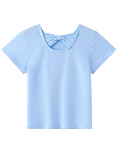 Arshiner Mädchen T-Shirts Zurück Hohl Fliege Kinder Baumwolle Sommer Kurzarmshirt Niedlicher Freizeit Mode Shirt Rundhals Einfarbige Tshirt für Mädchen 7-8 Jahre Blau