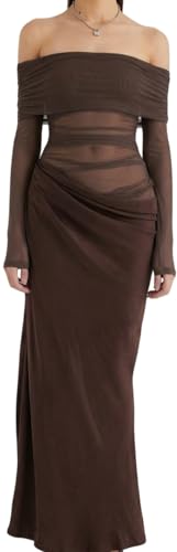 Sukiglam Vestido Mujer Manga Larga con Hombros Descubiertos Elegante Vestidos Largo de Fiesta Sexy Vestido Ajustado de Malla Transparente Otoño Bodycon Plisado Maxi Vestido para Cóctel Boda Ceremonia