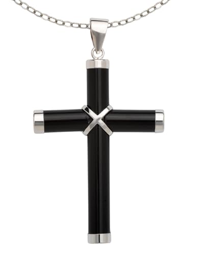 JewelryWeb Sterling Silver Jade Cross Necklace - Green Jade Cross Pendant - Onyx Cross - Authentic Jade Turquoise Onyx Cross - Religious Jade Necklace