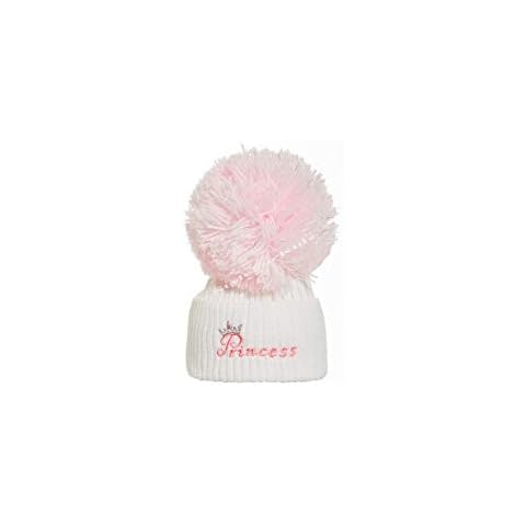 Luxury British Made Baby Girl Full Pink White/Pink Princess Silver Pom Cute Decorative Frilly Knitted Pom Pom Newborn Baby Hats (White Pink Princess (Large)) Cover