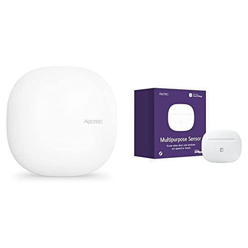 AEOTEC Smart Home Hub - Works as a SmartThings Hub - EU, GP-AEOHUBV3EU & Zigbee Multisensor - Fenster- Türkontakt für Einbruchsalarm Sicherheit inkl. Temperatursensor, GP-AEOMPSEU