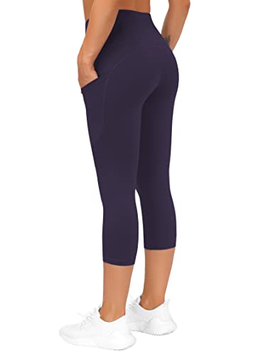 Image of THE GYM PEOPLE Thick High Waist Capris Yoga Pants with Pockets, Tummy Control Workout Running Yoga Leggings for Women