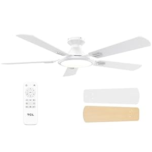 TCL Ceiling Fans with Lights, 52 Inch Low Profile Ceiling Fan with Light and Remote Control, Flush Mount, DC Reversible Motor, Noiseless, 6 Speeds Ceiling Fan for Bedroom (White)