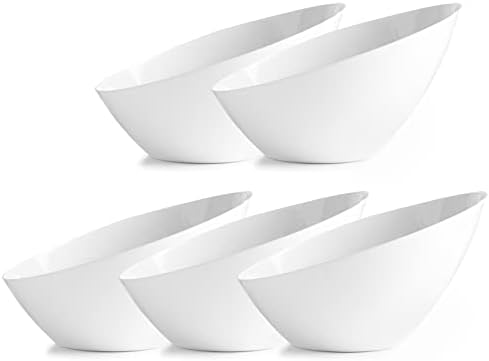 Posh Setting White Plastic Serving Bowls for Parties, Disposable Plastic Angled Serving Bowls, Hard Plastic Large Party Snack Bowls, Chips Bowls, Salad, Candy and Fruit Bowl 5 Pack