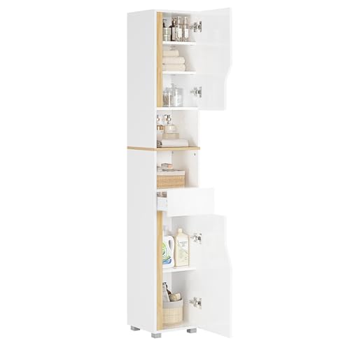 FORABAMB Meuble Colonne Salle de Bain, Meuble de Rangement avec Étagères Réglables, Tiroir, 2 Étagères Ouvertes, Armoire Rangement Haute Gain de Place,Armoire de Salle de Bain, 30 x 30 x 180 cm, Blanc