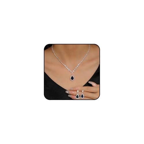 Navy Blue Jewelry Sets for Women Sparkly Black Rhinestone Necklace Earrings Luxury Bridal Wedding Jewellery Set Formal Costume Jewelry Accessories(Blue)