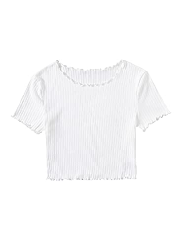 Floerns Women s Casual Lettuce Trim Short Sleeve Rib Knit Crop Tops Tee Shirts White S
