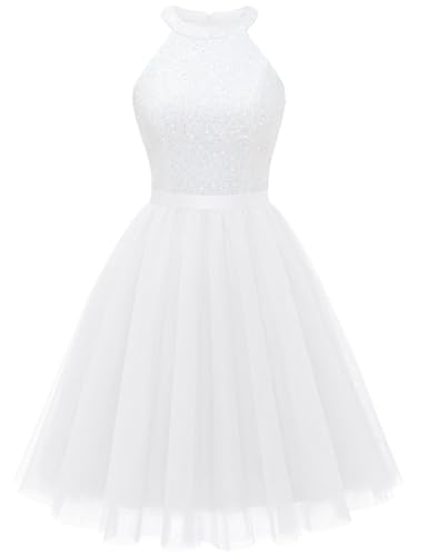 Image of Dressystar Sparkly Sequin Halter Tulle Short Cocktail Dress for Women | Elegant sleeveless formal midi dress, A-line tulle hem, wedding guest, homecoming prom and parties