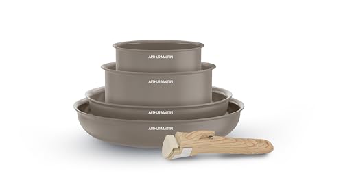 Arthur Martin - Batterie de Cuisine 5 Pièces en Aluminium 2,5 mm avec Revêtement Céramique, Poêles 22-26 cm et Casseroles 16-18 cm, Poignée Effet Bois,...