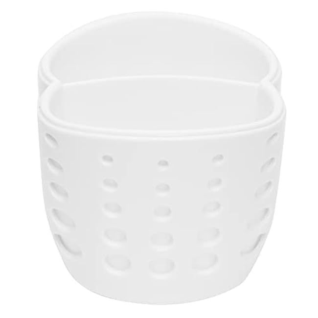 Home Basics Double Sponge Holder Kitchen Sink Caddy, Saddle Faucet Sink Soap Sponge Organizer With Drain Hole, White