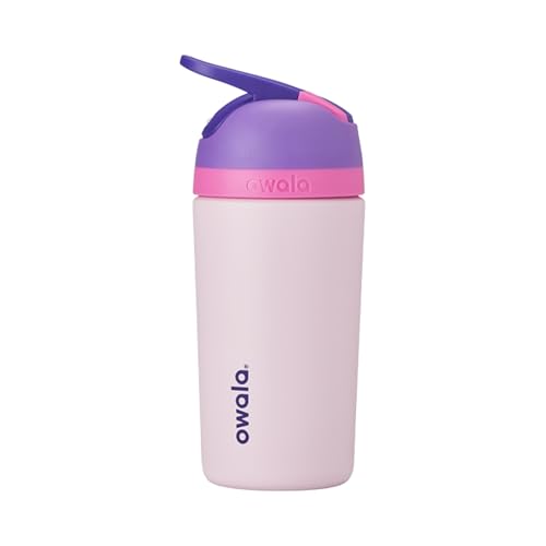 Image of Owala Kids Flip Insulated Stainless-Steel Water Bottle with Straw and Locking Lid, 14-Ounce, Purple/Pink (Bunny Business)