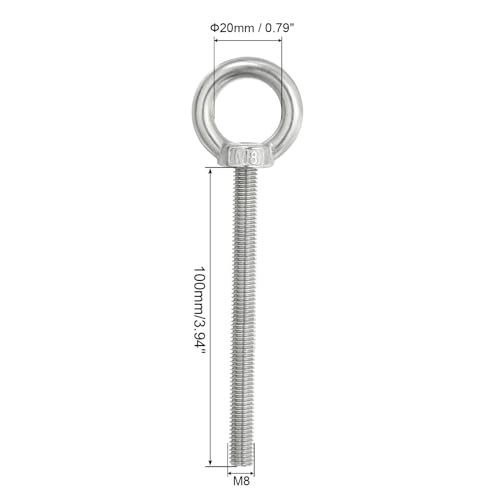 Image of PATIKIL M8 x 100mm Lifting Shoulder Eye Bolt, 3Pcs 304 Stainless Steel Lifting Ring Threaded Eyebolt with Nuts Washers for Hanging Hammocks Articles