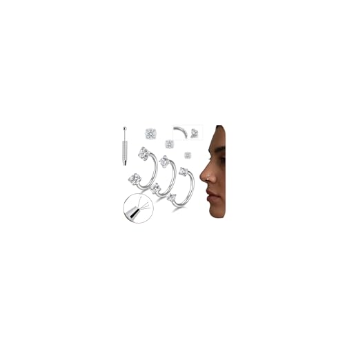 20G 18G Horseshoe Nose Ring for Women 7mm 8mm Surgical Steel Double Gem Horse Shoe Hoop Nose Studs Piercing Jewelry Hypoallergenic Silver Gold Septum Ring Lip Helix Tragus Piercing Jewelry Daith 16G