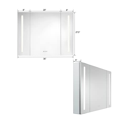 Bathlink Lighted Medicine Cabinet, 36"×27.5"×5", Led Mirror Medicine Cabinet, Recessed Or Surface Mount, Defogger, Dimmer, 3 Doors Bathroom Lighted Medicine Cabinet With Mirror #TOP6