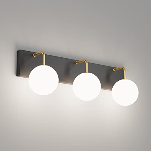 Image of Tipace 3 Lights Mid Century Vintage Bathroom Vanity Light Fixtures Over Mirror Black & Gold Industrial Vanity Lights with Milk White Glass Globe Farmhouse Bath Lighting(Exclude Bulb)