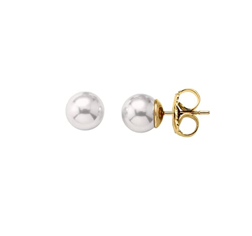 Majorica - Pendientes Lyra de Perla en Plata Dorada - Elaborados con Plata Rodiada - Perla Redonda Blanca de 8 mm - Cierre Tipo Pincho - Joyería para Mujer