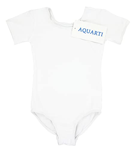 Aquarti Girls' Ballet Leotard Short Sleeve Dance Bodysuit, White, 128 - Image 4
