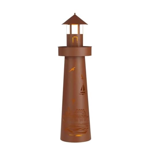 Hoberg LED Pflanzsäule im Leuchtturm Design & maritimer Stanzung in Rost-Optik | Für In- & Outdoor | Mit LED-Beleuchtung, 6h Timer, kabellos | Plattform individuell bepflanzbar [ø 21 x 80 cm]