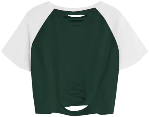 Image of Avanova Women Raglan Shirt Ripped Distressed Crop Tops Short Sleeve Cropped T Shirts Summer Tee