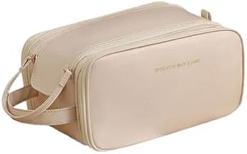 Travel Makeup Bag with Adjustable Compartments - Portable Cosmetic Organizer for Skincare, Toiletries, and Accessories - Waterproof, Lightweight, Durable Design for Women (Beige)