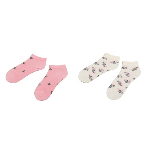 KnitsunApparel - Organic Cotton Pink Cactus/Yellow Daisies Pack Of 2 Low Cut Seamless Socks - Women/Girls