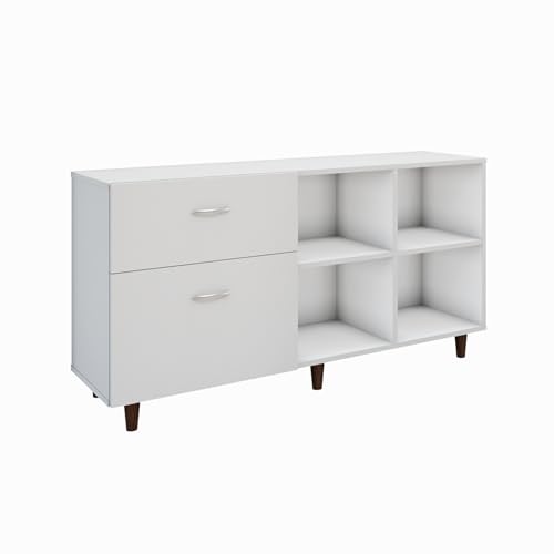 Image of VIKI Modern TV Unit for Living Room | Engineered Wood TV Cabinet with 2 Drawer Storage & 2 Open Shelves, Set Top Box Stand, Entertainment Unit, 140W x 74H x 40D cm | DIY | 1 Year Warranty (White)