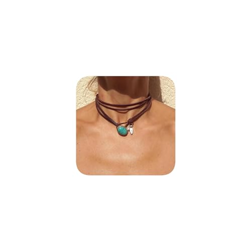 Boho Choker Necklace for Women Western Leather Shell Cord Trendy Layered Western Turquoise Accessories Necklaces Jewelry for Women