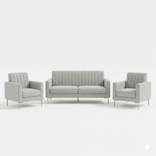 Image of 3+1+1 Seater Velum Fabric Sofa Set for Living Room, Modern Design with High Density Foam, Solid Wood Frame, Ergonomic Comfortable Seating for Home & Office (Light Grey, 3+1+1) | Soft foam comfort, Strong wood frame