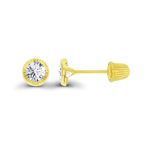 14K Yellow Solid Gold Diamond Cut 4Mm Round Bezel With Back Stud Earrings | Aaaa Cubic Zirconia | Stud Earrings | 4Mm |Round Bezel Stud Earrings | Solid Gold Stud Earrings For Womens And Girls #TOP30
