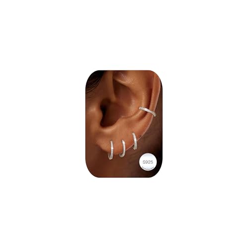 BVLAGIDA 4 Pares Pendientes Aro Mujer Plata Piercing Oreja Pequeños Aros Plata Mujer Hipoalergénicos Ligeros Pendiente de Aro Huggie 6/8/10/12MM