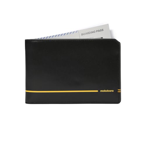 Image of MOKOBARA Stash Travel Bifold Wallet Gift for Men | Monostriped | Genuine Leather | RFID Protected | Fits Boarding Pass | Fits International Currency | SIM and Ejector Pin Slot | Money Moves (Black)