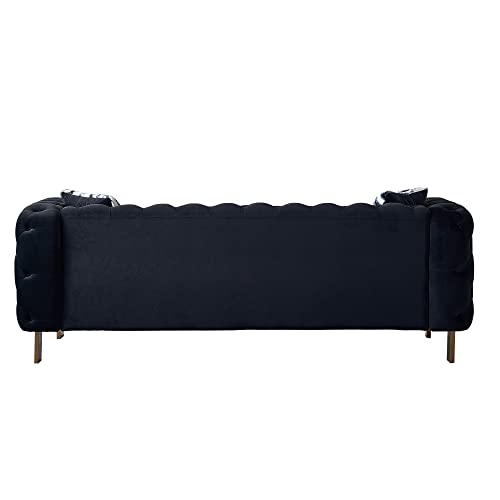 Image of KEIKI 84 inch Chesterfield Velvet Tufted Button Sofa with Removable Cushions and 2 Toss Pillows, Modern 3-Seater Couch with 4 Gold Metal Legs, Easy Assembly, for Living Room, Bedroom, Apartment, Black