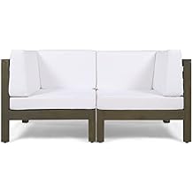 GDFStudio Outdoor Sectional Loveseat Set - 2-Seater - Acacia Wood - Outdoor Cushions - Gray and White