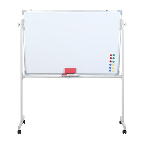 Mobile Whiteboard with Stand 90 x 60 cm Magnetic Dry Wipe Board Height Adjustable Double Sided Rolling Whiteboard with Wheels Markers Magnets Eraser Tray for Office Classroom (White)