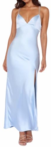 Yixinjew Summer Satin Spaghetti Strap Backless Maxi Dress for Women Formal Silk Tie Back Wedding Guest Dress with Slit Light Blue