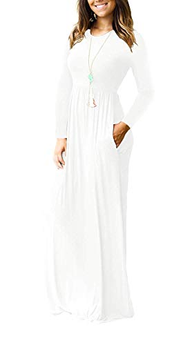 VIISHOW Women's Long Sleeve Loose Plain Maxi Dresses Casual Long Dresses with Pockets(White,Small)