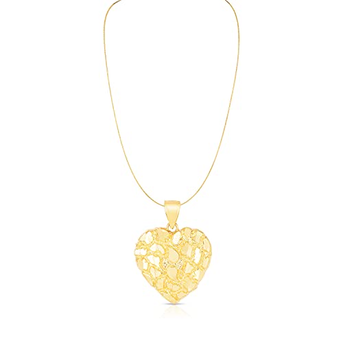 Floreo 10K Yellow Gold Nugget Heart Pendant With 10K Gold 18 Inch Solid Box Chain Necklace, Large 1” X 1” #TOP1